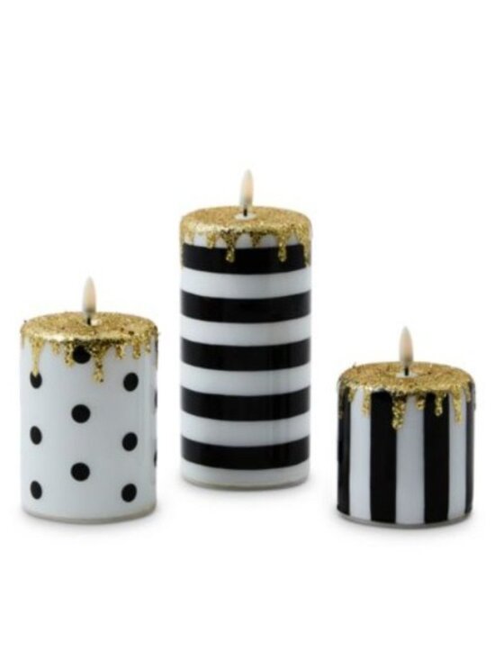 Transform your home into a charming and whimsical sanctuary  MacKenzie-Childs Set of 3 Illuminated Stripe and Dot Candles - NEW